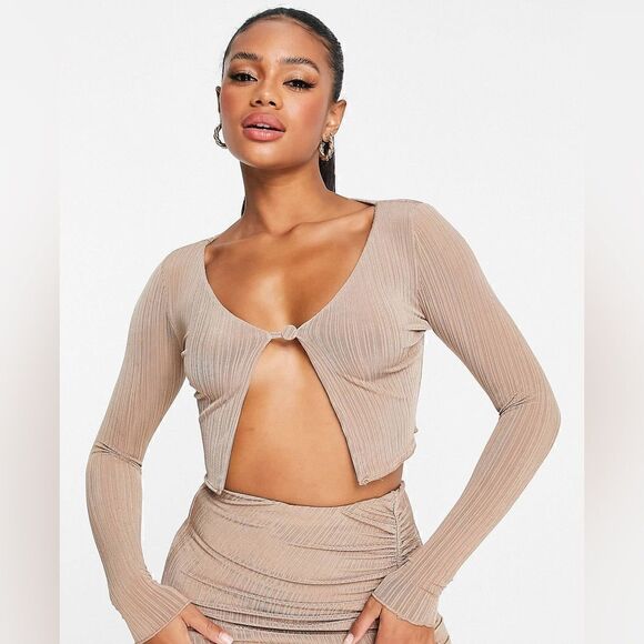 Naked Wardrobe | long sleeve open cropped top in tan - Picture 1 of 6